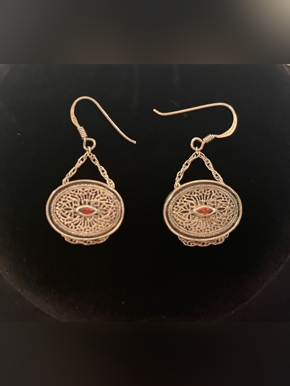 Sterling Silver Filigree Drop Earrings with Red Accent Stone - Women's Jewelry